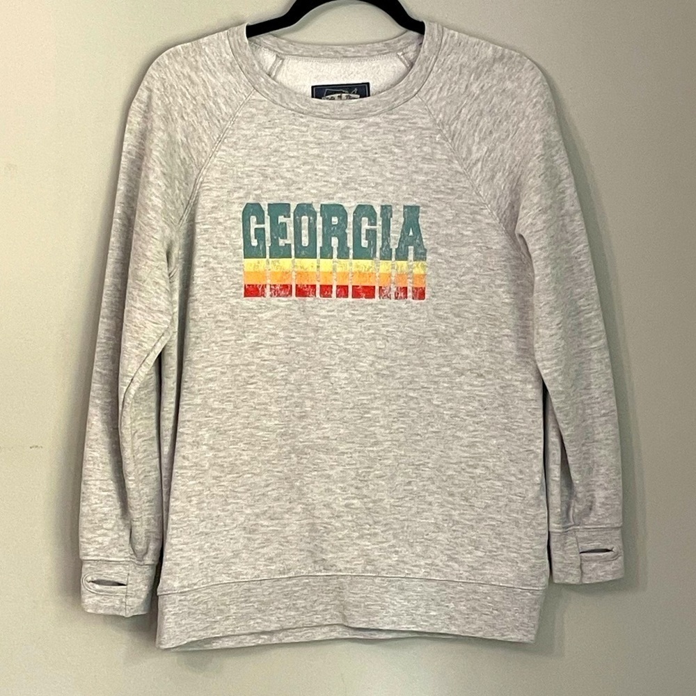 State of Mine Georgia crew neck sweatshirt in Heather gray & colorful script; M